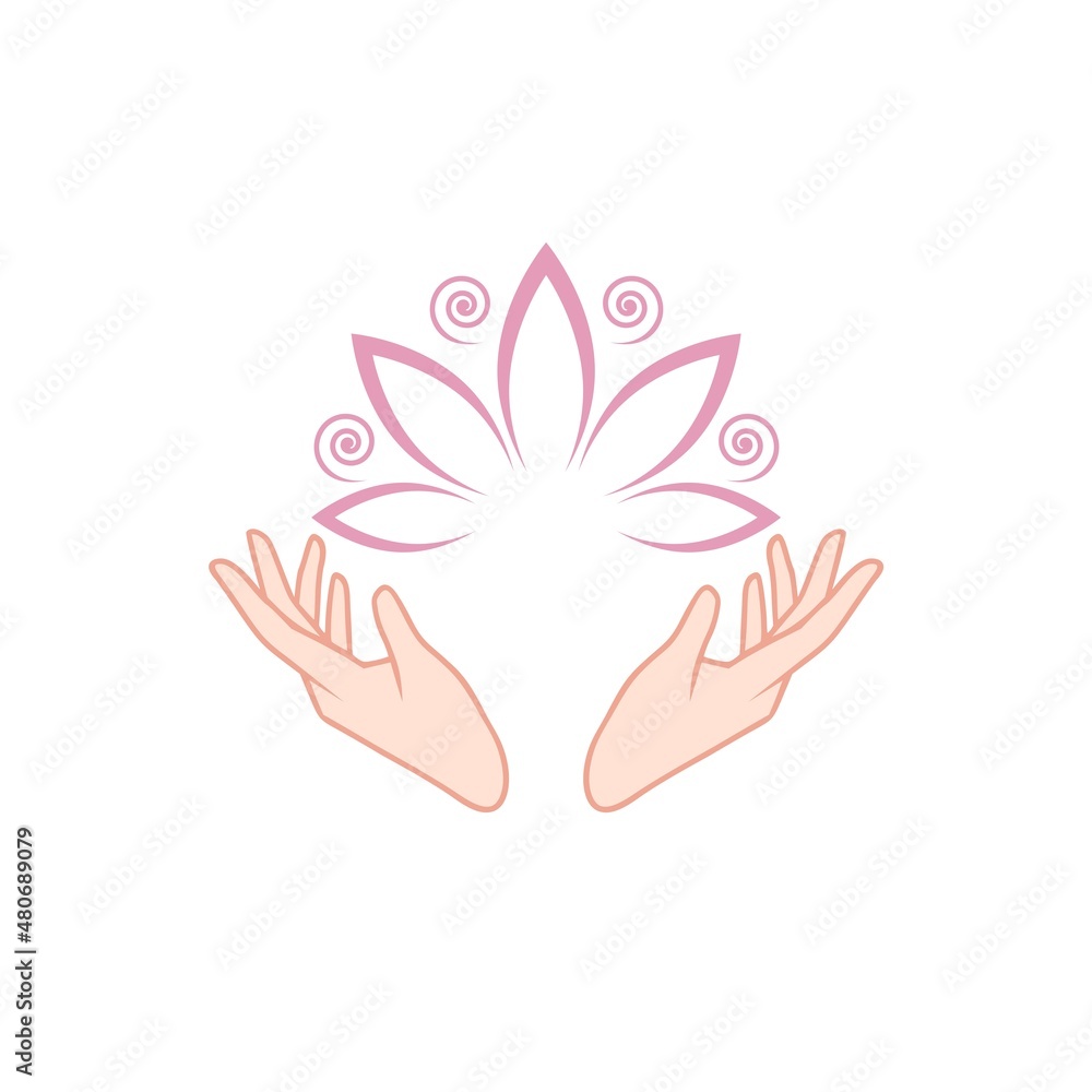Obraz premium Female hands holding a beautiful pink lotus icon isolated on white background