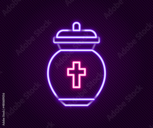 Glowing neon line Funeral urn icon isolated on black background. Cremation and burial containers, columbarium vases, jars and pots with ashes. Colorful outline concept. Vector