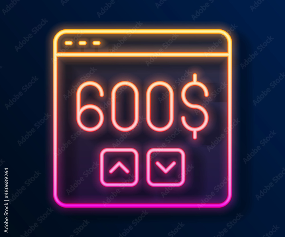 Glowing neon line Monitor with dollar icon isolated on black background. Sending money around the world, money transfer, online banking, financial transaction. Vector Glowing neon line Monitor with dollar icon isolated on black background. Sending money around the world, money transfer, online banking, financial transaction. Vector