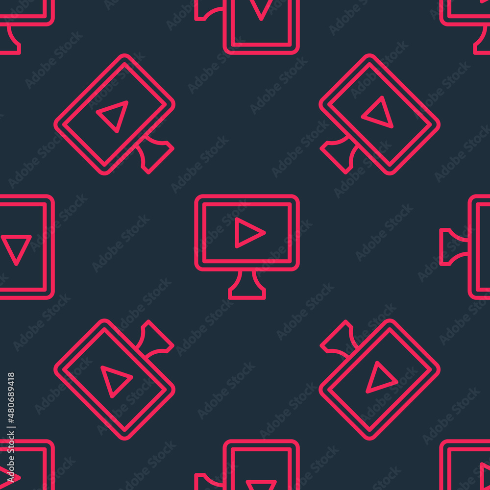 Red line Online play video icon isolated seamless pattern on black background. Film strip with play sign. Vector Red line Online play video icon isolated seamless pattern on black background. Film strip with play sign. Vector