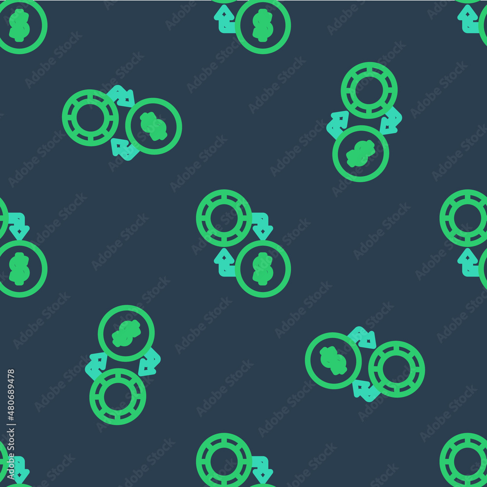 Line Casino chips exchange on stacks of dollars icon isolated seamless pattern on blue background. Vector Line Casino chips exchange on stacks of dollars icon isolated seamless pattern on blue background. Vector