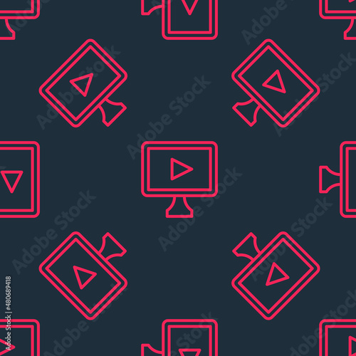 Red line Online play video icon isolated seamless pattern on black background. Film strip with play sign. Vector