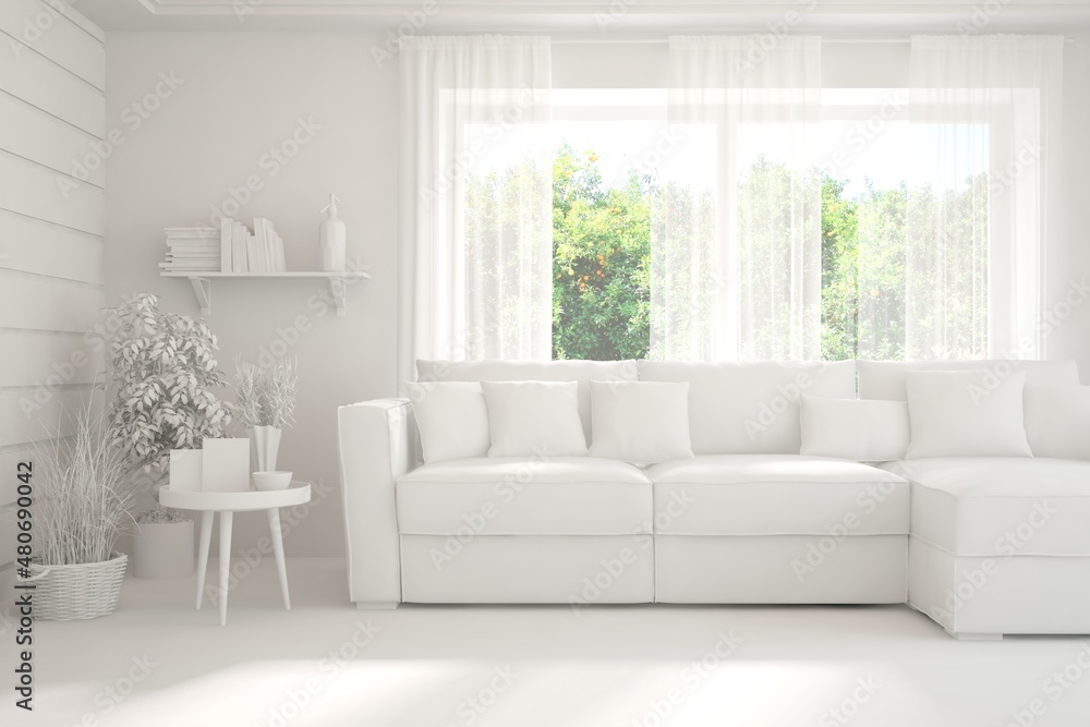 Mock up of stylish room in white color with sofa and green landscape in window. Scandinavian interior design. 3D illustration Mock up of stylish room in white color with sofa and green landscape in window. Scandinavian interior design. 3D illustration