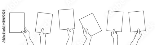 Hands holding blank paper sheet outline style set vector illustration isolated