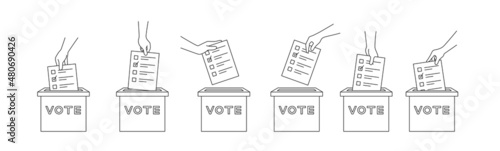 Outline hand with the ballot paper throws the sheet into the voting box line style vector illustration