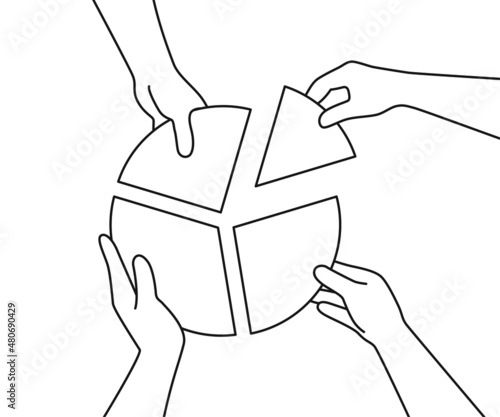 Line 4 hands with dividends piece of round chart. Concept investment partnership vector illustration