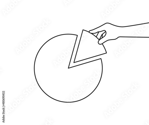 Concept investment round chart and hand with piece of dividends outline style vector illustration isolated
