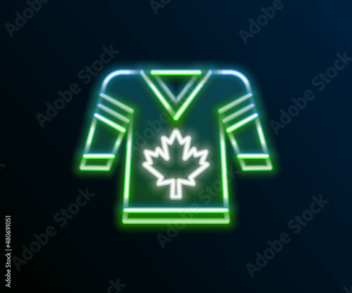 Glowing neon line Hockey jersey icon isolated on black background. Colorful outline concept. Vector