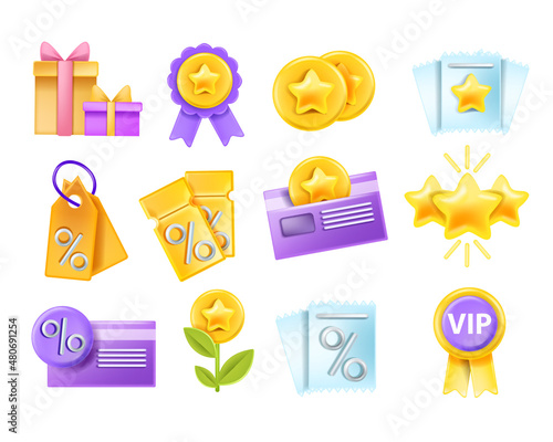 3D sale voucher icon vector set, discount tag, special offer card online business design, gift coupon. Shopping marketing finance badge kit, VIP loyalty customer bonus program. 3D sale present sticker