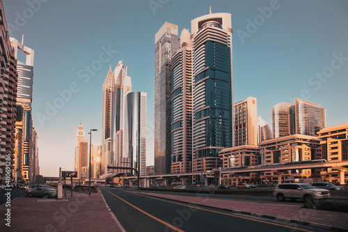 DUBAI, UAE - FEBRUARY 2018: Skyscrapers in Dubai Downtown, the fastest growing city in the world