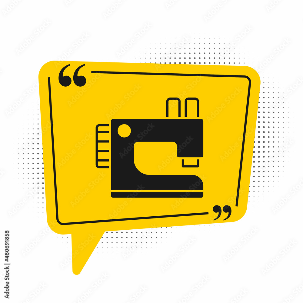 Black Sewing machine icon isolated on white background. Yellow speech bubble symbol. Vector Black Sewing machine icon isolated on white background. Yellow speech bubble symbol. Vector