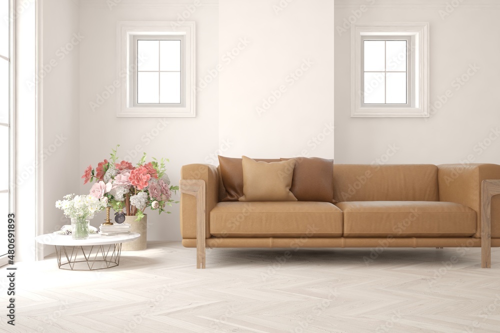 Naklejka premium White living room with sofa. Scandinavian interior design. 3D illustration
