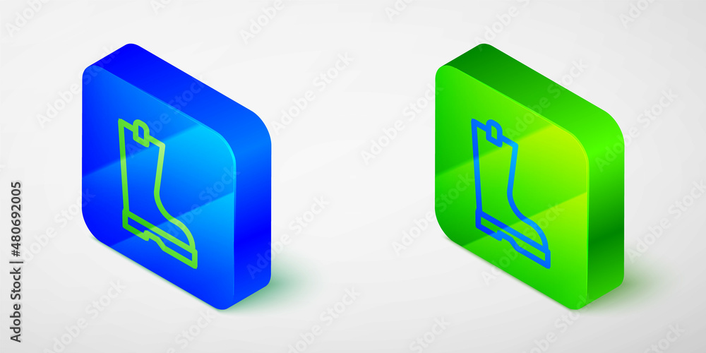 Isometric line Waterproof rubber boot icon isolated on grey background. Gumboots for rainy weather, fishing, gardening. Blue and green square button. Vector Isometric line Waterproof rubber boot icon isolated on grey background. Gumboots for rainy weather, fishing, gardening. Blue and green square button. Vector