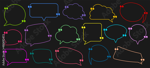 Set of empty speech bubbles of different shapes with quotation marks on black background.