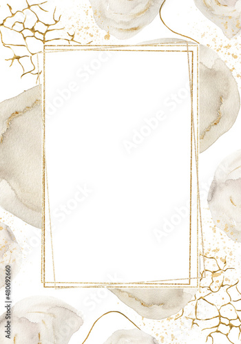 Watercolor abstract art. Hand painted gold frame, watercolor shape, form, stain. isolated on white background. Golden border illustration for design, print or background