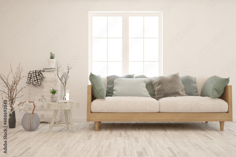 Fototapeta premium White living room with sofa. Scandinavian interior design. 3D illustration
