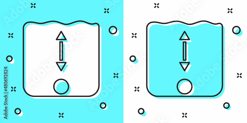 Black line Depth measurement icon isolated on green and white background. Water depth. Random dynamic shapes. Vector