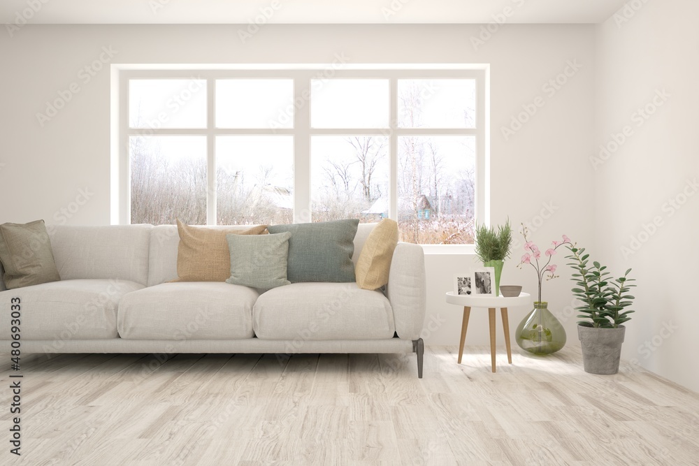 White living room with sofa and winter landscape in window. Scandinavian interior design. 3D illustration White living room with sofa and winter landscape in window. Scandinavian interior design. 3D illustration