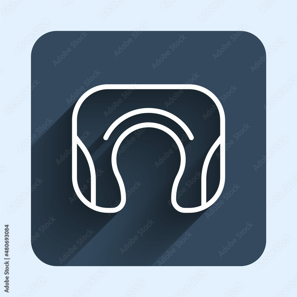 White line Travel neck pillow icon isolated with long shadow background. Pillow U-shaped. Blue square button. Vector White line Travel neck pillow icon isolated with long shadow background. Pillow U-shaped. Blue square button. Vector