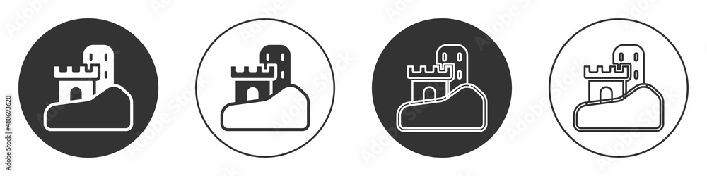 Black Sand castle icon isolated on white background. Circle button. Vector Black Sand castle icon isolated on white background. Circle button. Vector