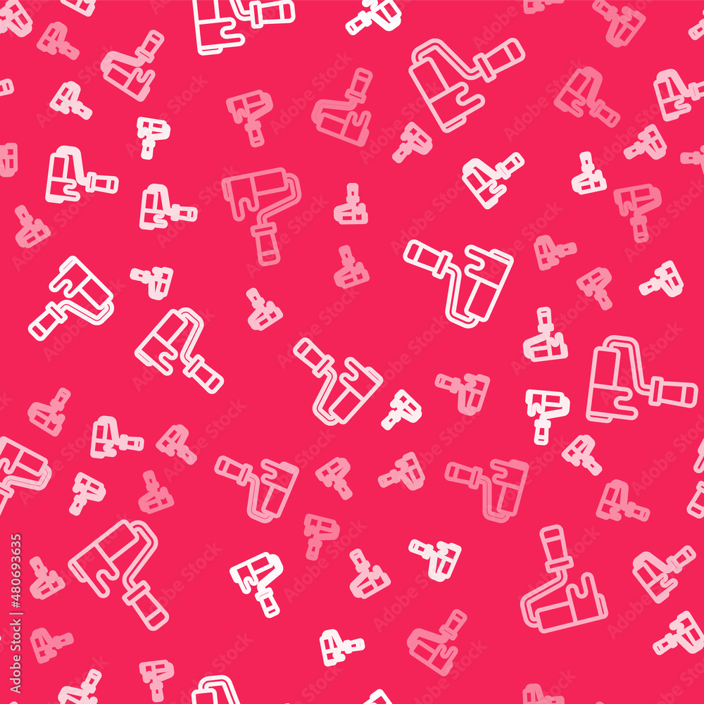 White line Paint roller brush icon isolated seamless pattern on red background. Vector White line Paint roller brush icon isolated seamless pattern on red background. Vector