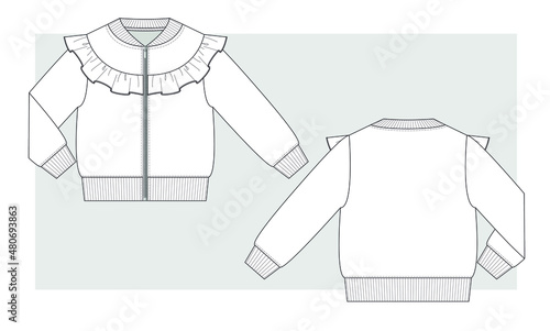 Girl's bomber jacket with frill on front. Technical sketch.