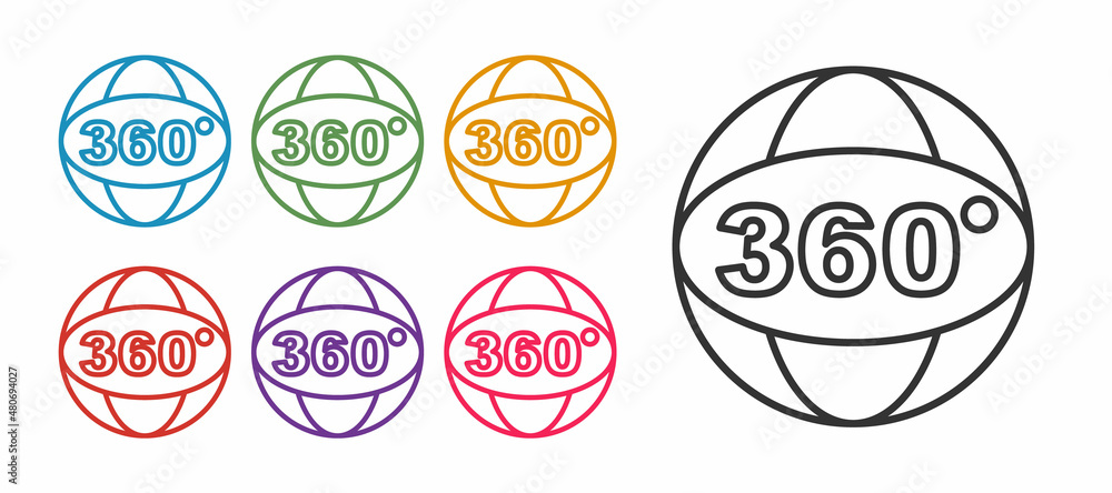 Naklejka premium Set line 360 degree view icon isolated on white background. Virtual reality. Angle 360 degree camera. Panorama photo. Set icons colorful. Vector