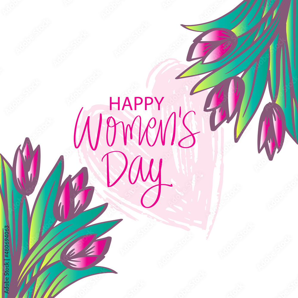 Happy women's day greeting card with tulip flowers.
