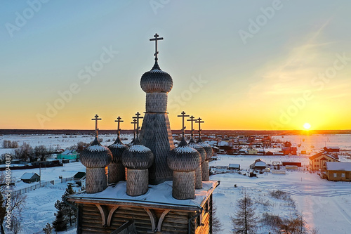 wooden church winter top view, landscape russian north architecture photo