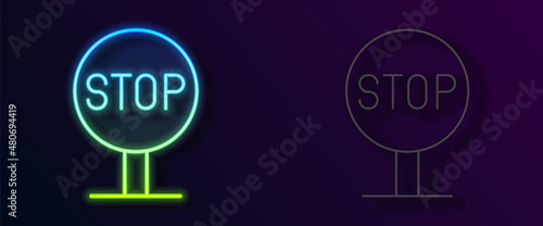 Glowing neon line Stop sign icon isolated on black background. Traffic regulatory warning stop symbol. Vector