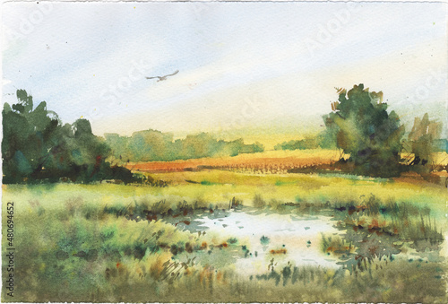 Poster of wall art landscape watercolor painting with river, field clip art for background. You can use like luxury invitation card with nature and organic shapes and invite design for wedding.