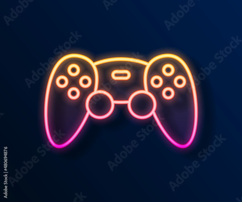 Glowing neon line Game controller or joystick for game console icon isolated on black background. Vector