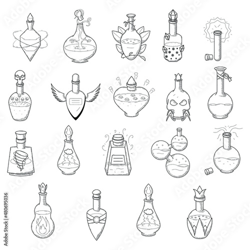 Set Black Simple Collection Line Glass Flask Doodle Outline Potion Drink Elixir Liquid With Splash Element Vector Design Style Sketch Isolated Illustration Magic Witchcraft