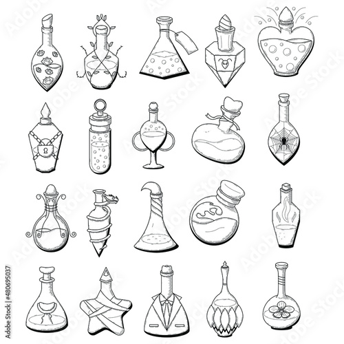 Set Black Simple Collection Line Glass Flask Doodle Outline Potion Drink Elixir Liquid With Splash Element Vector Design Style Sketch Isolated Illustration Magic Witchcraft