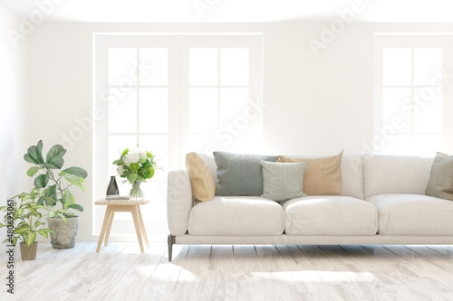 Stylish room in white color with sofa. Scandinavian interior design. 3D illustration