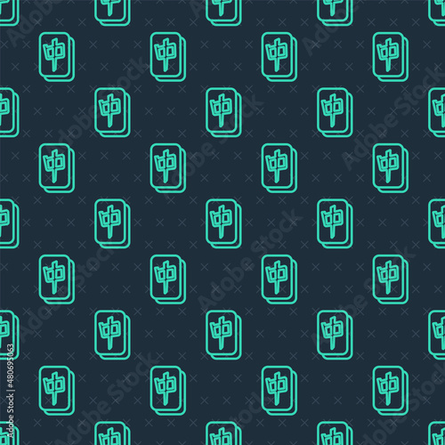 Green line Mahjong pieces icon isolated seamless pattern on blue background. Chinese mahjong red dragon game emoji. Vector