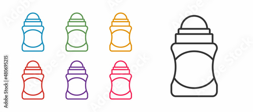 Set line Antiperspirant deodorant roll icon isolated on white background. Cosmetic for body hygiene. Set icons colorful. Vector