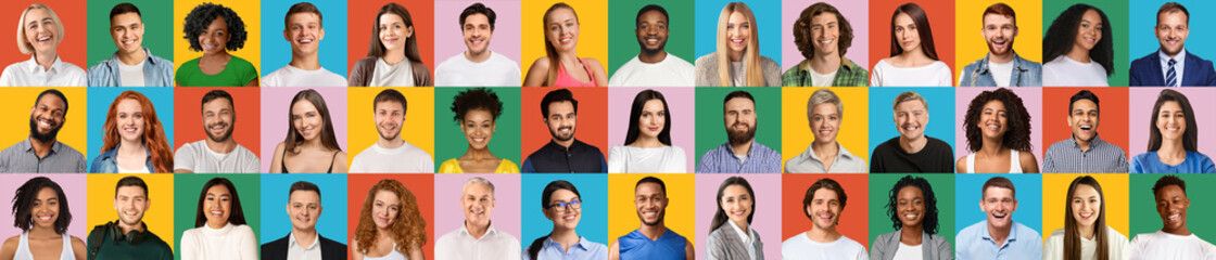 Diverse people showing positive emotions on colorful backgrounds, collection
