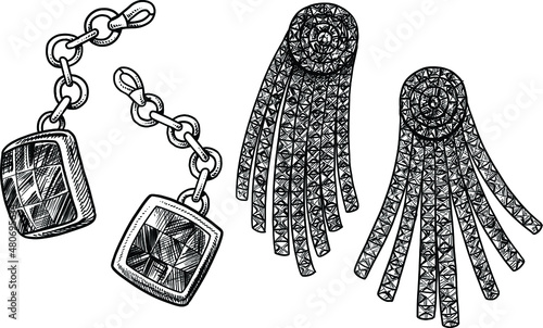 Earring illustration, drawing, engraving, ink, line art, vector