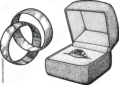 Ring in box illustration, drawing, engraving, ink, line art, vector