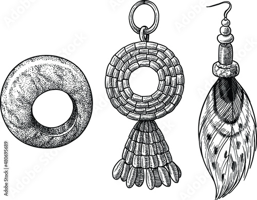 Handmade jewelleries illustration, drawing, engraving, ink, line art, vector
