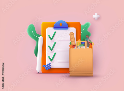 Shopping checklist on a clipboard paper. Paper bag with foods. Delivery service. Online ordering of food, grocery delivery, e-commerce. 3D Vector Illustrations.