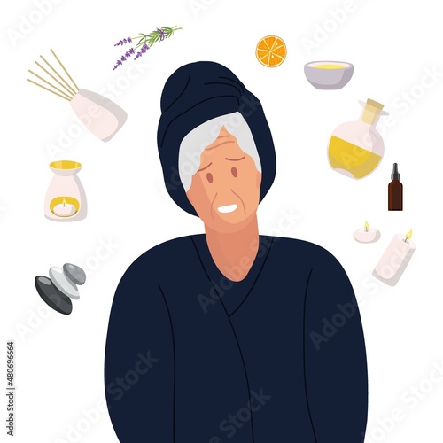 Senior woman surrounded aromatherapy accessories. Woman with towel on her head wearing bathrobe. Beauty spa treatment and relax flat vector illustration for skin care concept.