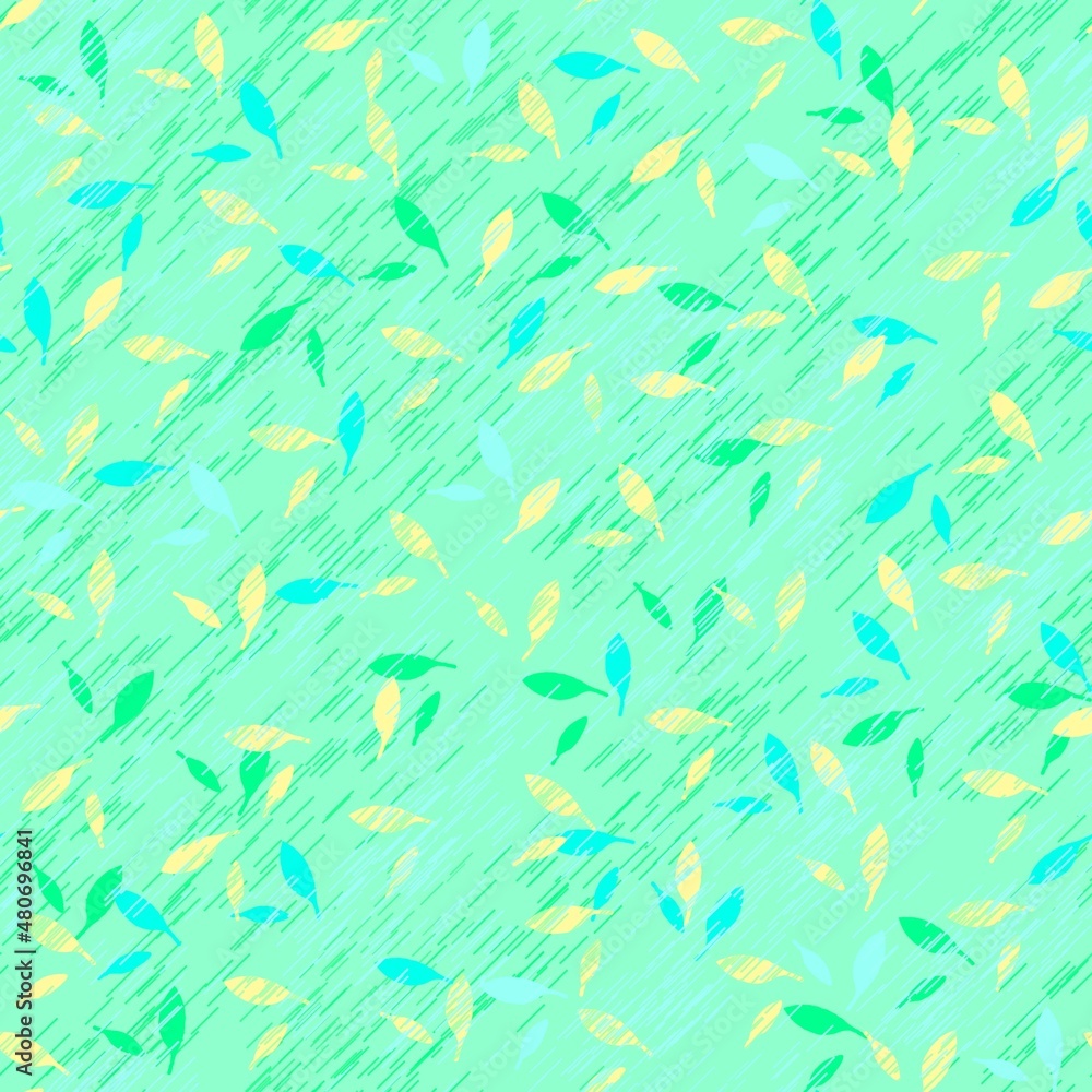 Light green seamless abstract pattern of multi-colored silhouettes of leaves on a background with subtle colored strokes like rain. Light green seamless abstract pattern of multi-colored silhouettes of leaves on a background with subtle colored strokes like rain.