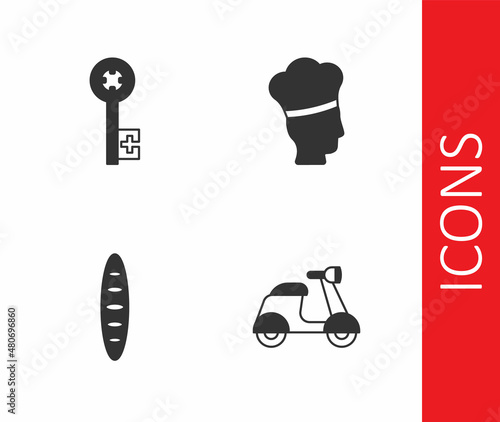 Set Scooter, Old key, French baguette bread and Italian cook icon. Vector