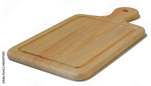 Isolated cutting wooden board on white background. angle view.