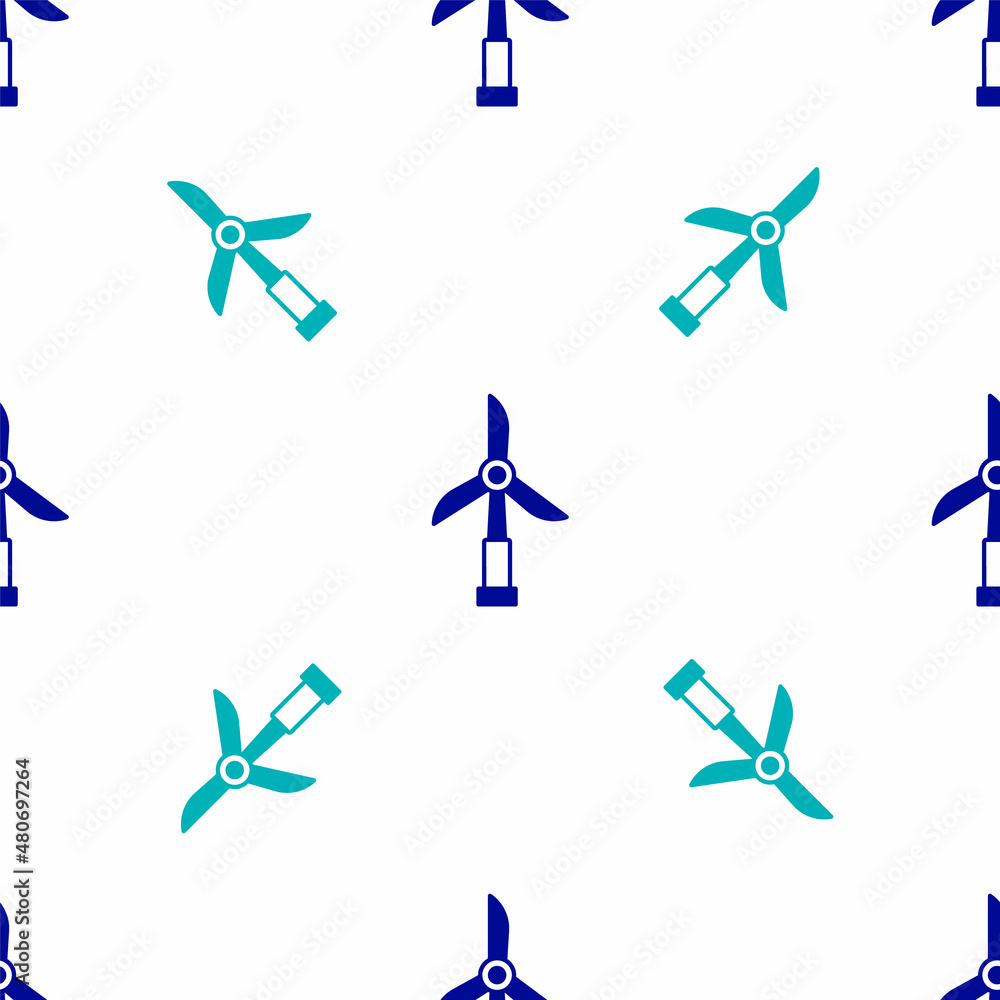 Blue Wind turbine icon isolated seamless pattern on white background. Wind generator sign. Windmill for electric power production. Vector