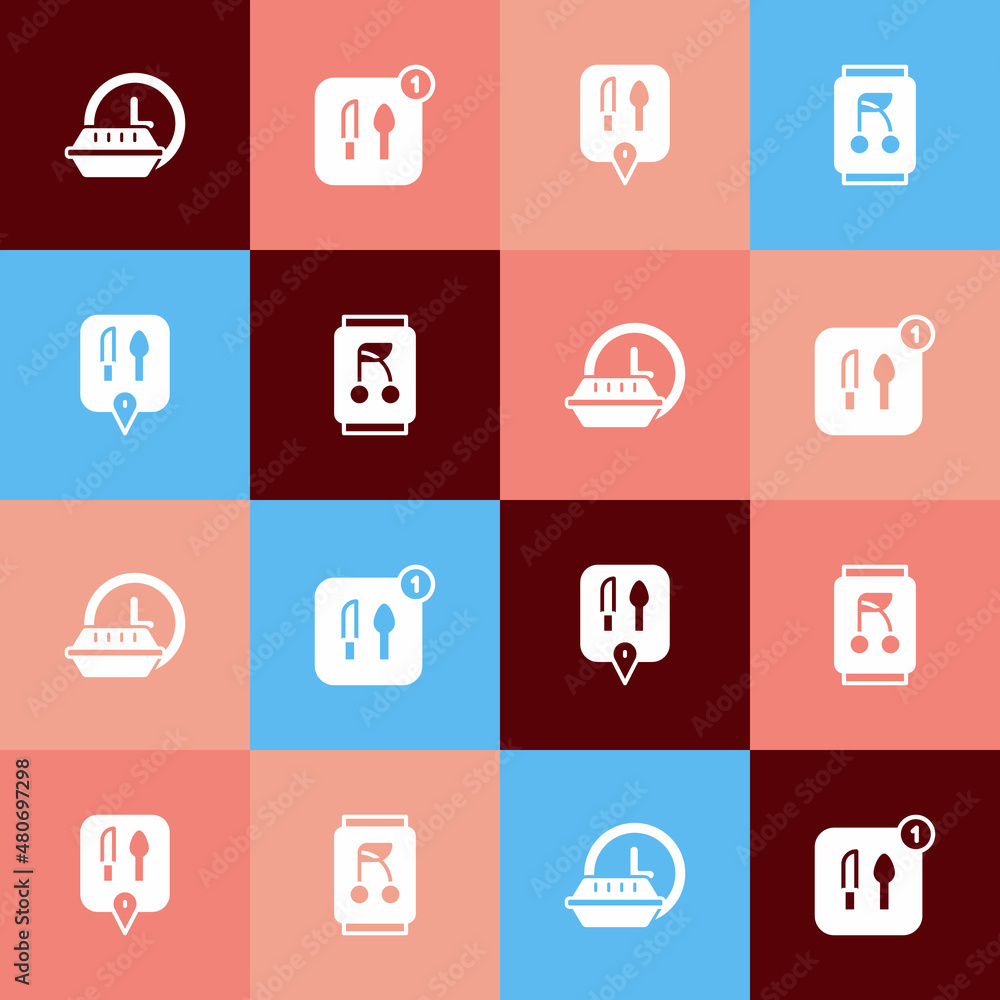 Set pop art Round the clock delivery, Food ordering, Cafe and restaurant location and Soda can icon. Vector Set pop art Round the clock delivery, Food ordering, Cafe and restaurant location and Soda can icon. Vector