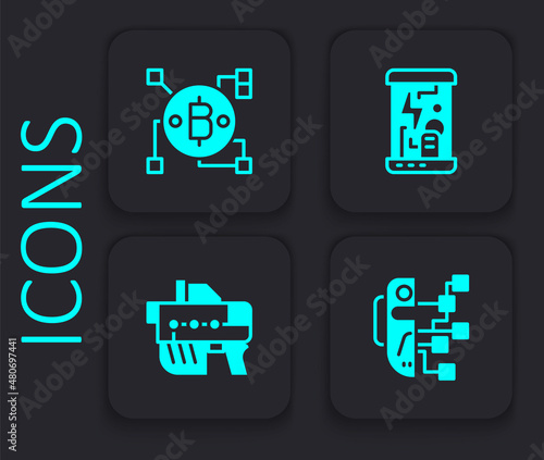 Set Humanoid robot, Blockchain technology Bitcoin, Cryogenic capsules and Futuristic weapon icon. Black square button. Vector