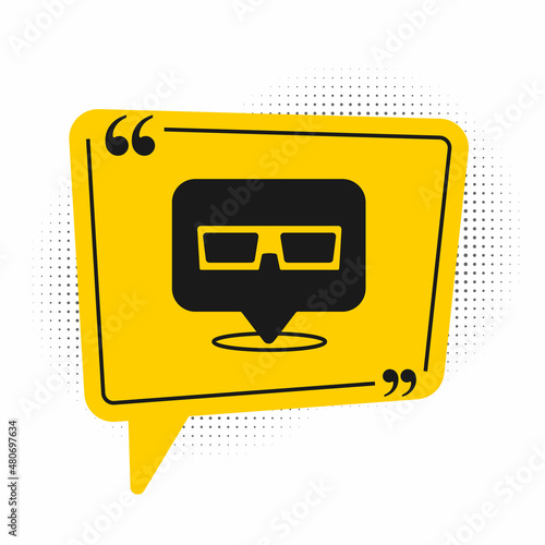 Black 3D cinema glasses icon isolated on white background. Yellow speech bubble symbol. Vector